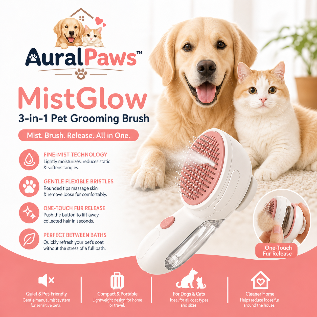 𝑨𝒖𝒓𝒂𝒍𝑷𝒂𝒘𝒔™ MistGlow 3-in-1 Pet Grooming Brush