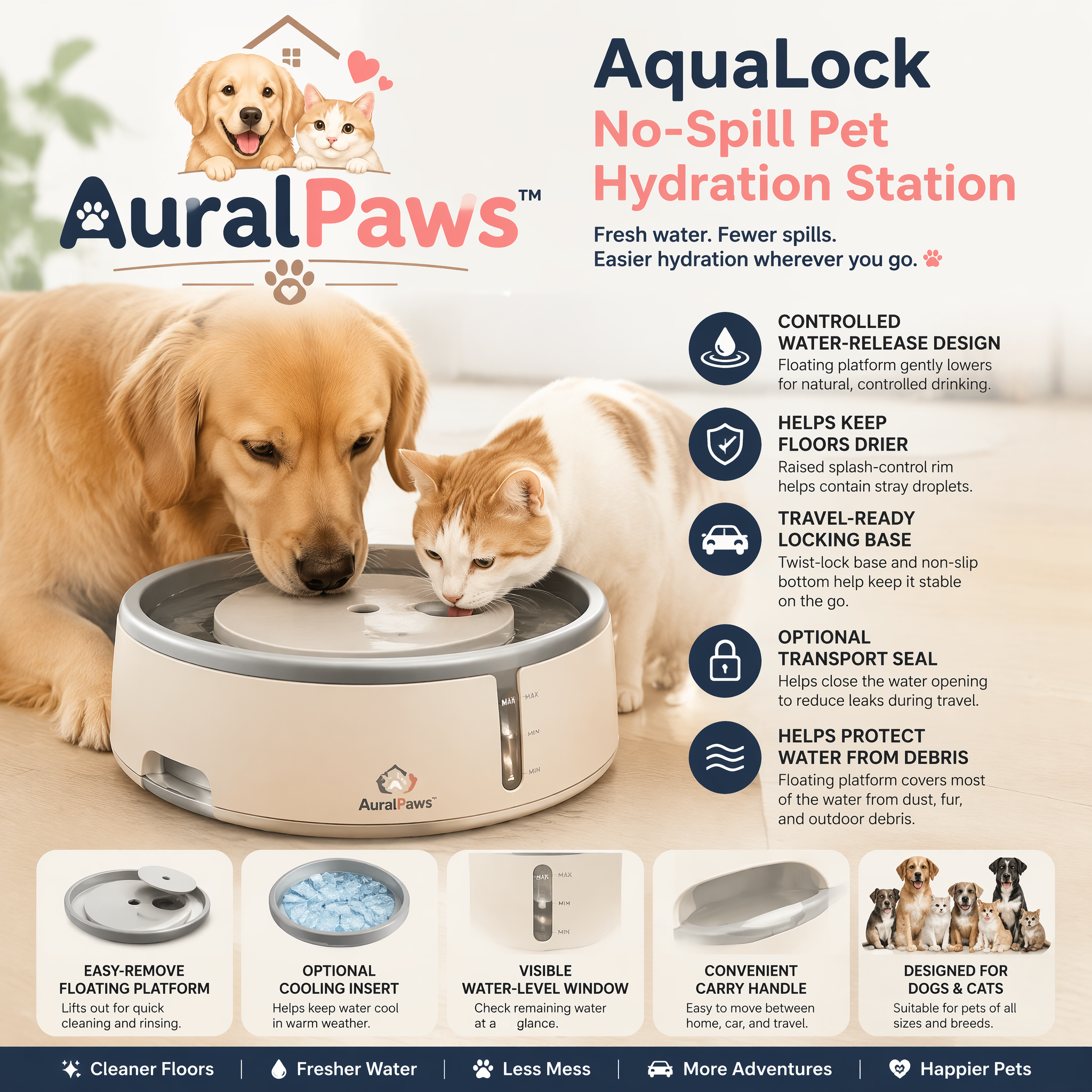 𝑨𝒖𝒓𝒂𝒍𝑷𝒂𝒘𝒔™ AquaLock No-Spill Pet Hydration Station
