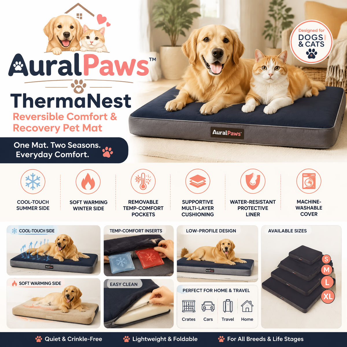 𝑨𝒖𝒓𝒂𝒍𝑷𝒂𝒘𝒔™ ThermaNest Reversible Comfort & Recovery Pet Mat