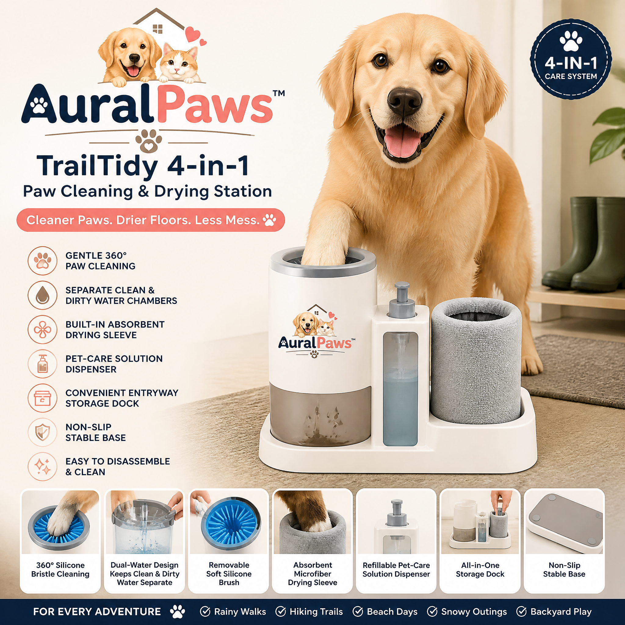 𝑨𝒖𝒓𝒂𝒍𝑷𝒂𝒘𝒔™ TrailTidy 4-in-1 Paw Cleaning & Drying Station