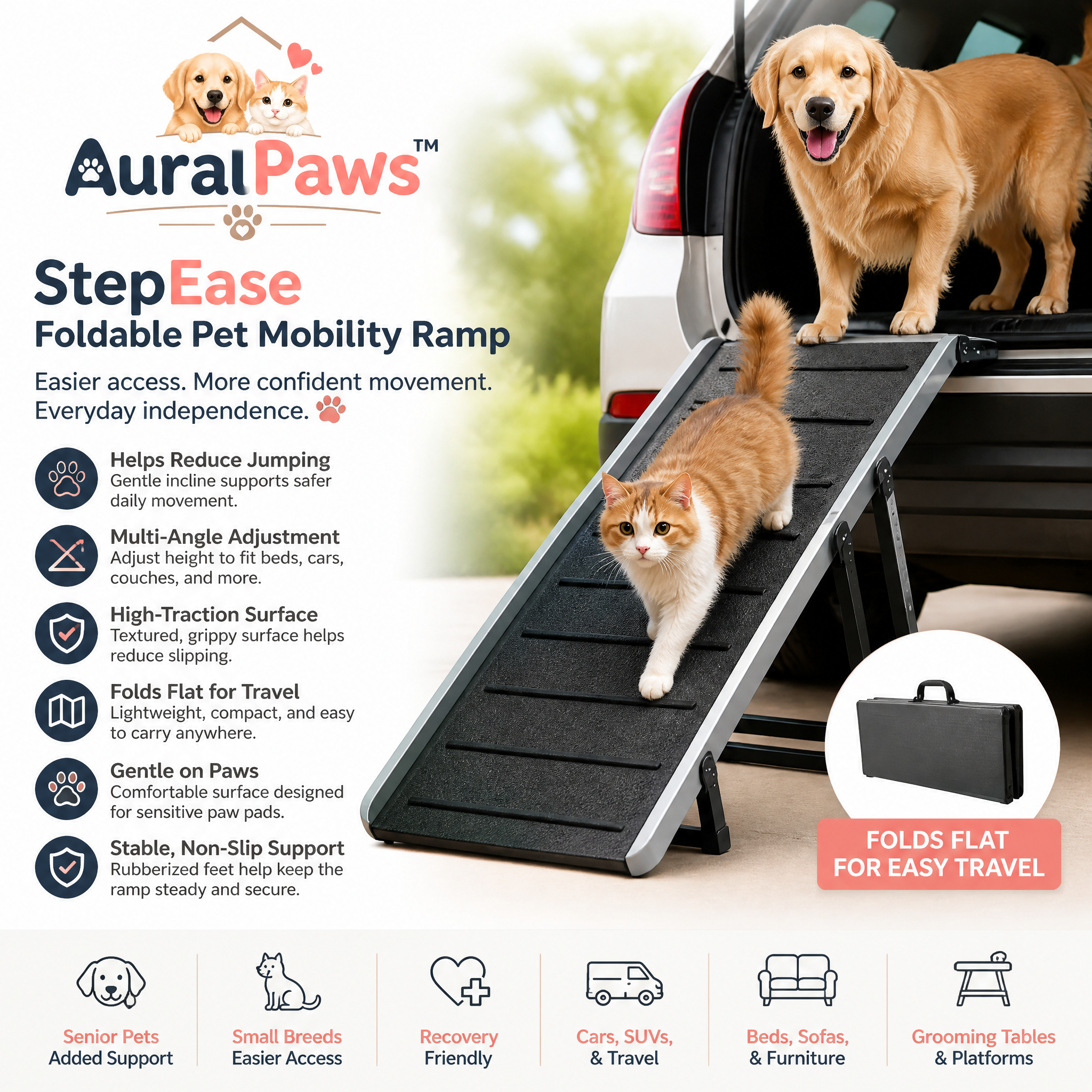𝑨𝒖𝒓𝒂𝒍𝑷𝒂𝒘𝒔™ StepEase Foldable Pet Mobility Ramp