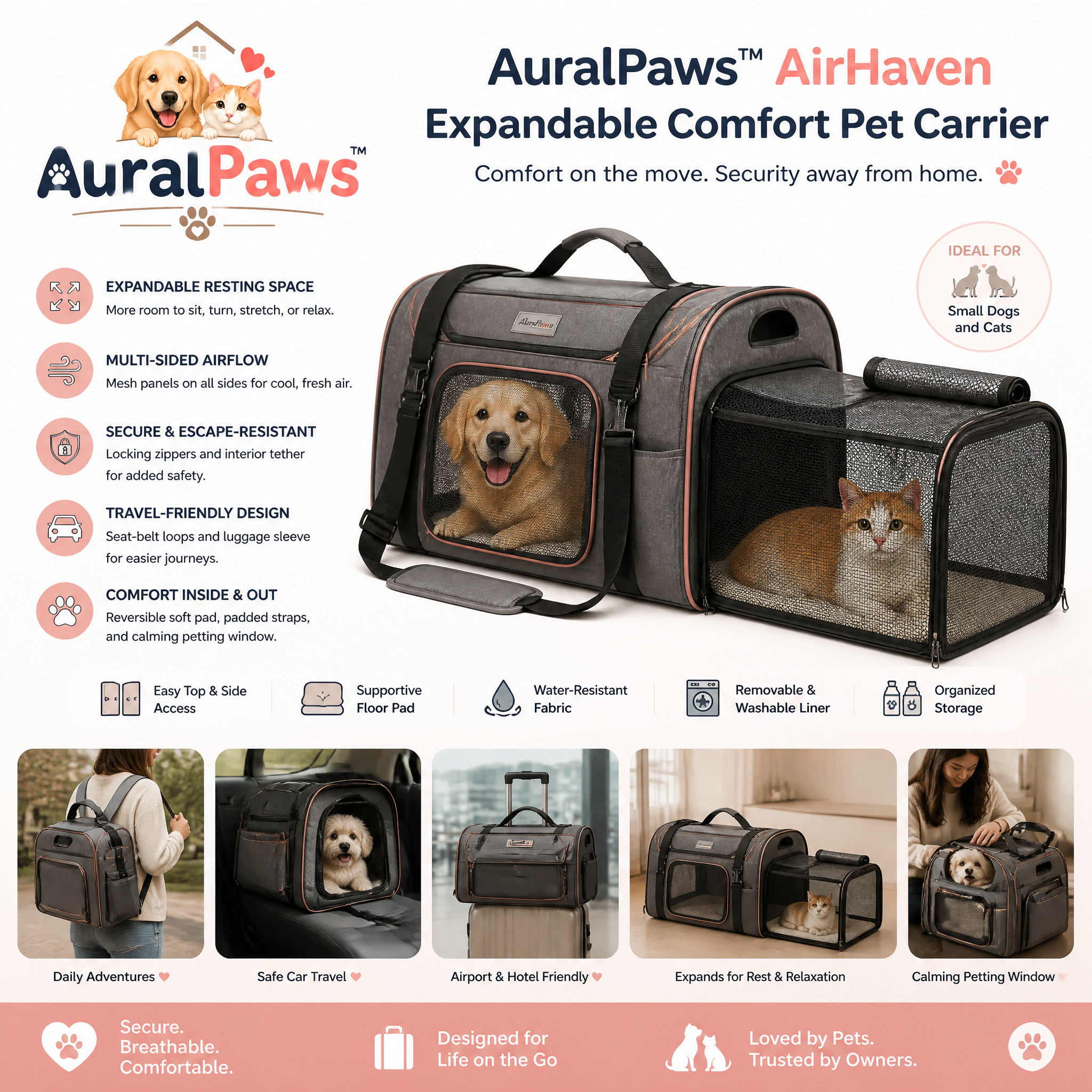 𝑨𝒖𝒓𝒂𝒍𝑷𝒂𝒘𝒔™ AirHaven Expandable Comfort Pet Carrier